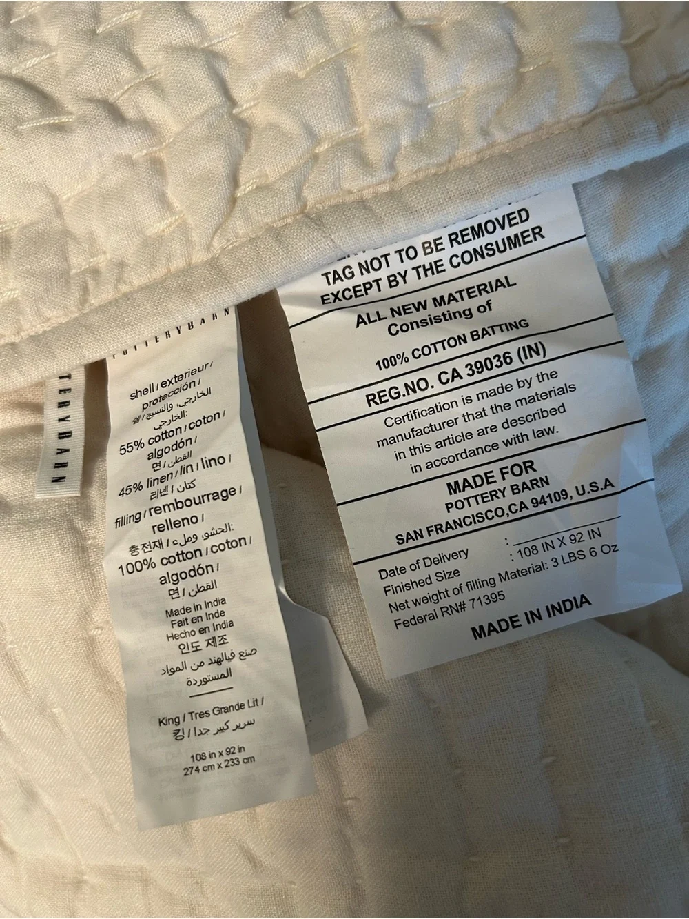 Pottery Barn Pick-Stitch Handcrafted Cotton Linen Quilt
